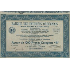 Apólice France França Banque des Intérests Orléanais Paris 1927