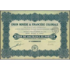 Apólice France França Union Miniere & Financiere Coloniale 1929