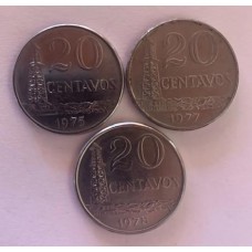 Brasil Lote 3 Moedas # 20 Centavos 1975/7/8 Sob (532)