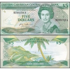 E C S Caribe P-18a Fe 5 Dollars 1985 Antígua Rainha