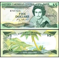 E C S Caribe P-22a Fe 5 Dollars 1988 Antígua Rainha