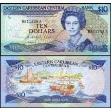 E C S Caribe P-23a.2 Fe 10 Dollars 1985 Antígua Rainha