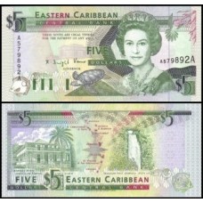 E C S Caribe P-26a Fe 5 Dollars ND (1993) Antígua Rainha