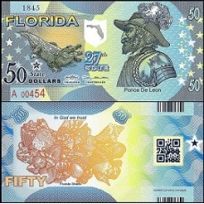 Usa Estados Unidos 50 Dollars 27st State Florida Polímero Fantasia