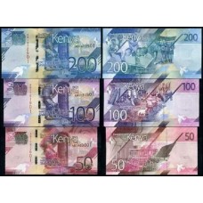 Kenya Quênia 50+100+200 Shillings 2019 3 Cédulas Fe