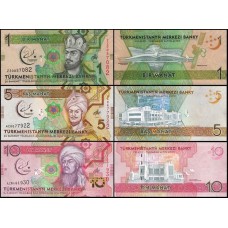 Turkmenistan Turcomenistão P-36/37/38a Fe 1+5+10 Manat 2017 - 3 Cédulas