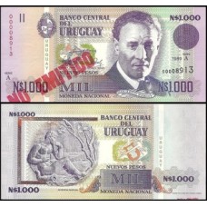 Uruguay Uruguai P-67Aa.2 Fe 1.000 Nuevos Pesos 1989 Carimbo Vermelho