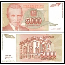 Yugoslavia Iugoslávia P-128a Fe 5.000 Dinara 1993 Nikola Tesla