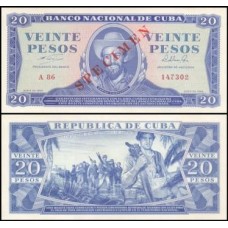 Cuba P-97bs Fe 20 Pesos 1964 Specimen Camilo Cienfuegos