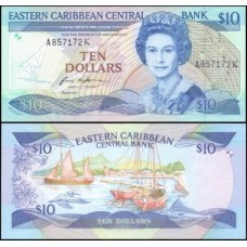 E C S Caribe P-23k.1 Fe 10 Dollars 1985 São Cristóvão Rainha