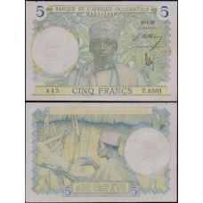 F W A French West Africa P-21a.8 Mbc/s 5 Francs 1939
